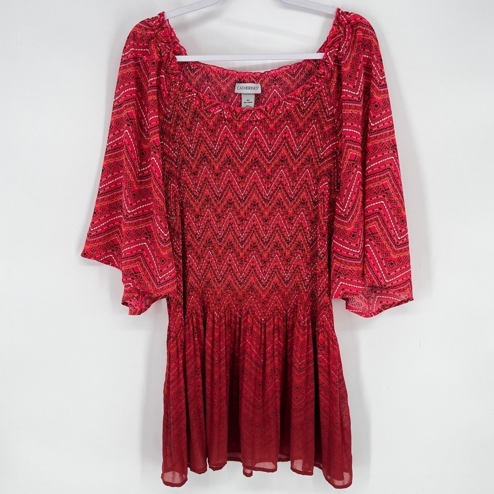Catherines Women's Red Zigzag Pleated Ribbed‎ Flutter Sleeve Tunic Blouse 4X